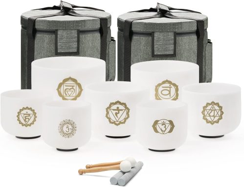 432HZ 8-14 Inch Chakra Symbol Design Frosted Quartz Crystal Singing Bowl Set of 7 PCS with Grey Bags for Sound Healing and Meditation