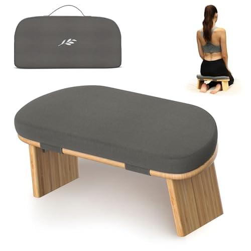 Meditation Chair w/ Extra Thick Cushion – Portable Bamboo Meditation Bench w/ Magnetic Locking Hinge – Anterior Tilt Seiza Bench Ideal for Comfortable & Stable Meditation – Sleek Canvas Kneeling Chair