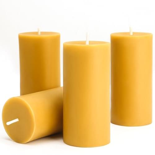 Natural Beeswax Candles 4 Packs, Beeswax Pillar Candles with 140 Hours Burn Time, Organic Emergency Candle Long Burning for Home Room, Smokeless & Dripless, 2×4 inch